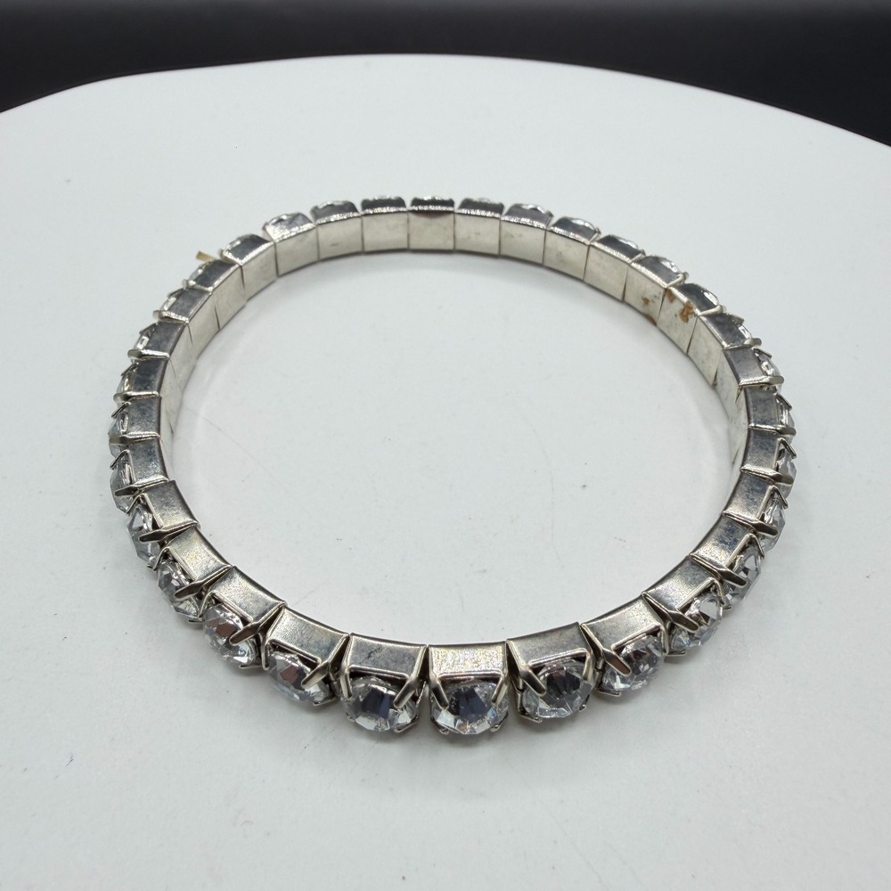 Clear Crystal Rhinestone Silver Tone Stretch Tennis Bracelet Statement Gift